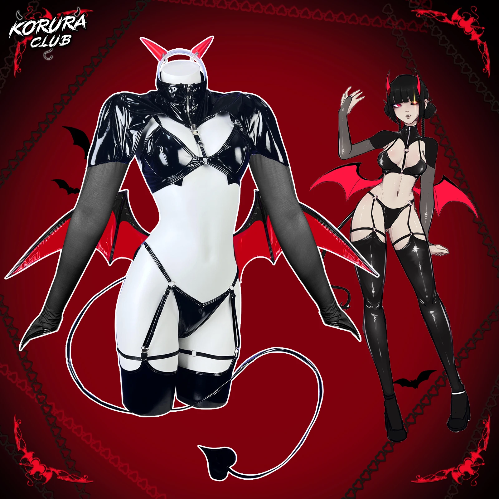 Фото Костюм для косплея KORURACLUB Love Heart Succubus, боди из искусственной кожи для женщин (комплект из 6 предметов) №4