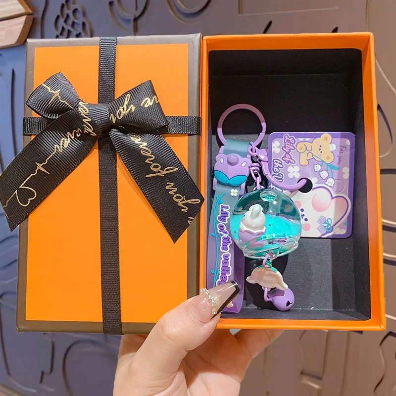 Cartoon Spring Orchid Wind Chimes Cup Keychain Moving Liquid Quicksand Rabbit Bear Key Ring for Women Girl Car Bag Keyfob Gifts