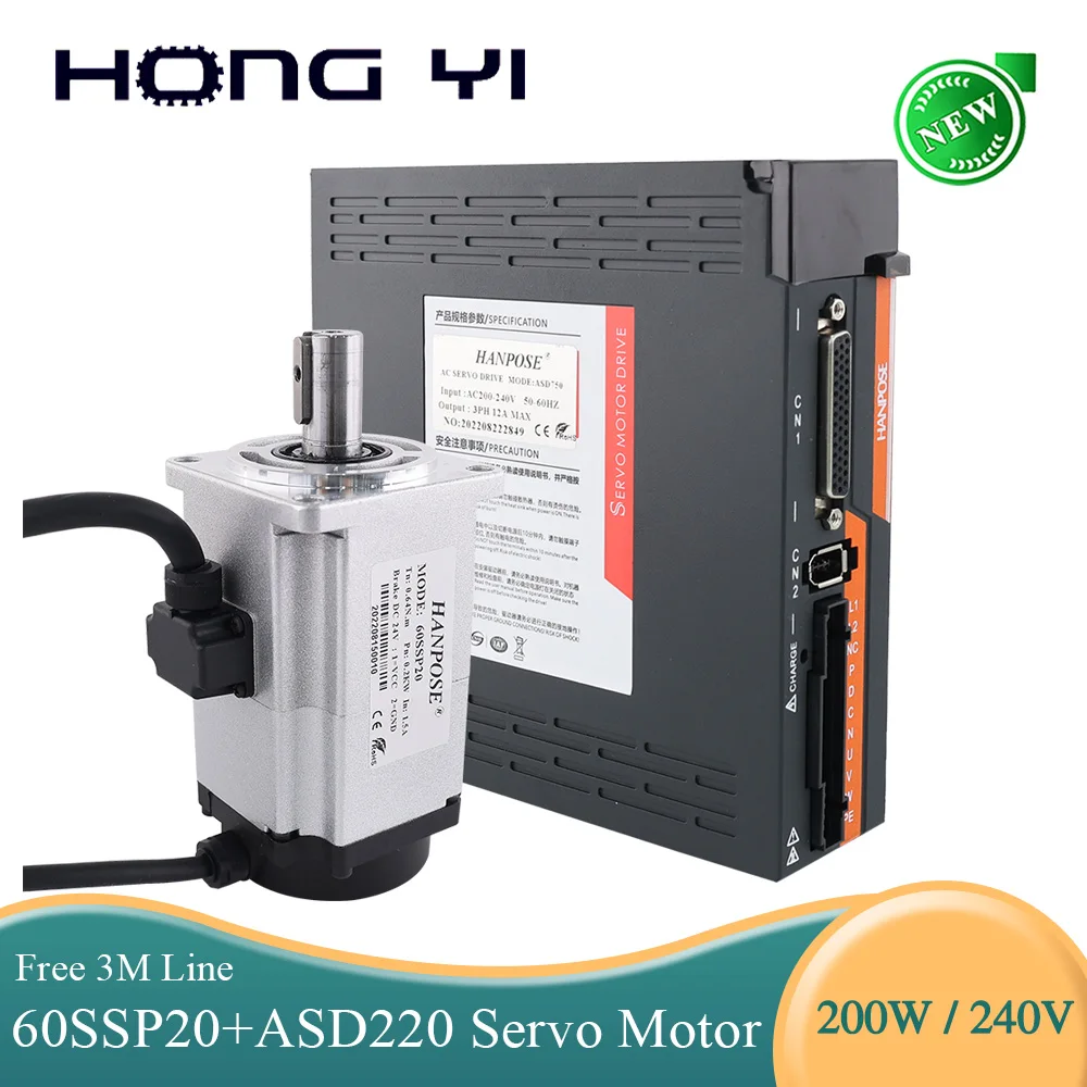 

Servo Motor With Brake 1.5A 0.64N.m 60SSP20+ASD220 Servo Driver+3M Cable CNC Mechanical 200W Servo Motor Kit