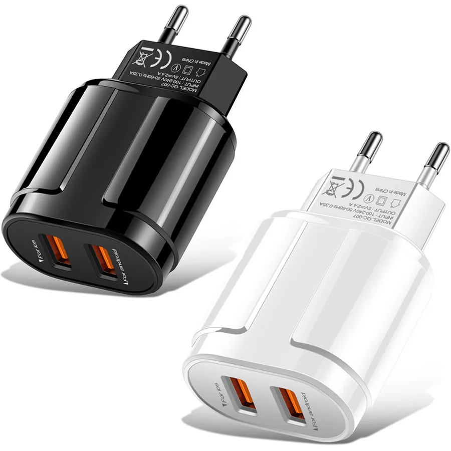 

10Pcs/lot 5V 2.4A Dual Usb Ports Eu US AC Home Travel Wall Charger Adapters For Iphone 12 13 Samsung S20 htc lg Android phone
