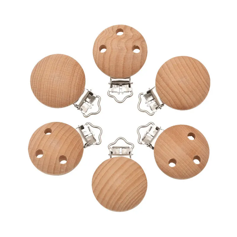 

5Pcs 30mm 35mm DIY Nature Beech Wooden Clip Round Dummy Clip Baby Teething Pacifier Chain Holder Making Decor