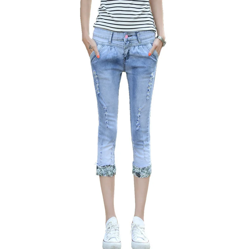Женские джинсы-капри до щиколотки Узкие рваные с завышенной талией лето 2022 |