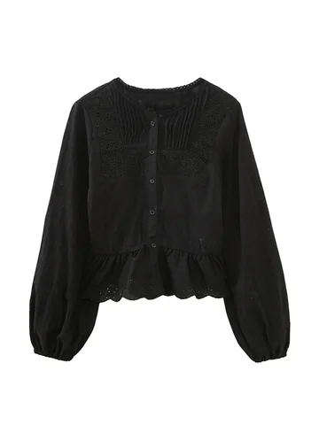 Tops Women Blouses 2023 Fashion Cutwork Embroidery Blouse Long Sleeve Top Front Button Up Ruffle Hem Casual Black Blouse Woman