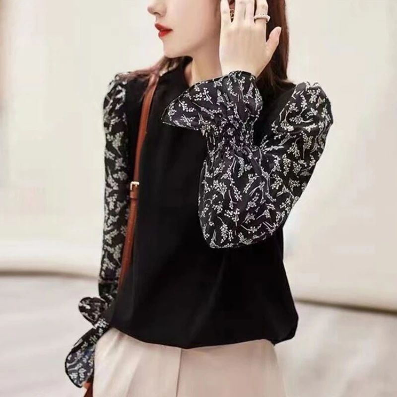 

Женская рубашка с принтом, летняя блузка с длинным рукавом в стиле пэчворк, Модный облегающий корейский топ с круглым вырезом, повседневная ...