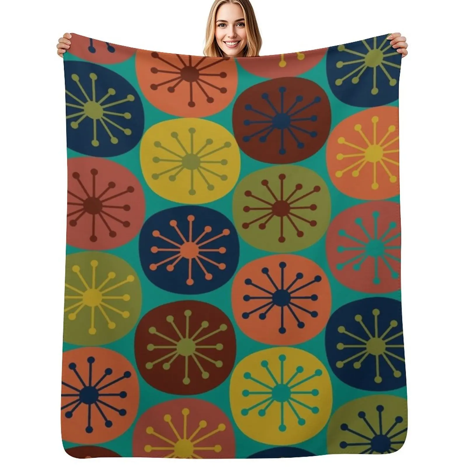 Фото Плед Atomic Retro Dots с узором в стиле Mid-Century Modern, в цветах Mid Mod Teal, оливково-зеленый, горчичный, оранжевый, синий, бирюзовый и тюркоазовый. №1