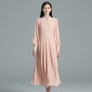 Lotus Pink Double Layer Silk Polo Collar Long Sleeve Dresses Women Single Breasted Pleated Silk Shirt Dress Autumn AE1756