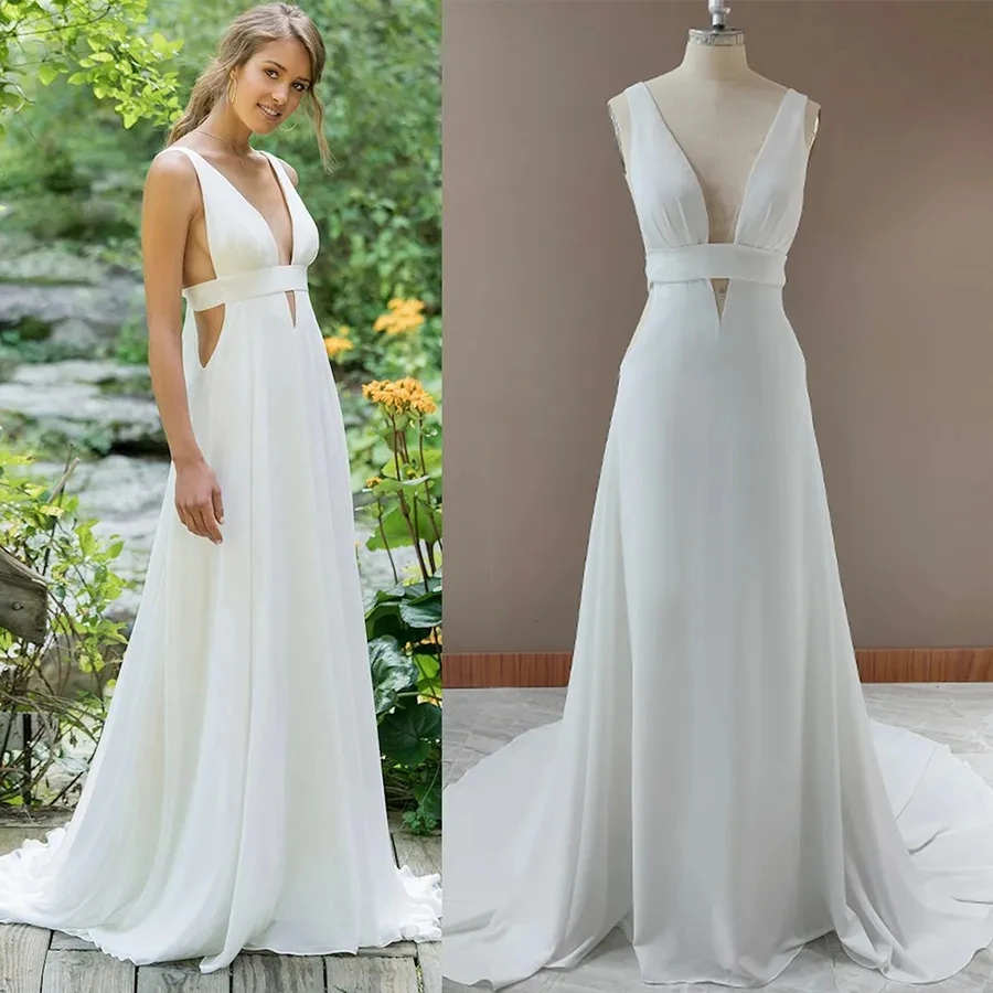 

Sexy Bandage A Line White Wedding Dress Deep V-Neck Simple Backless Beach Bridal Gowns Custom Made Bold Side Cutout Long Robe