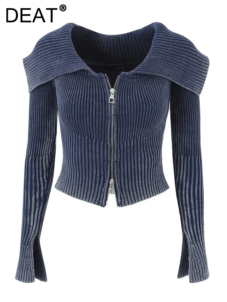 

DEAT Fashion Women's Knitted Cardigan Big Lapel Off Shoulder Full Sleeve Midriff-baring Sweater Female Autumn 2023 New 7AB278