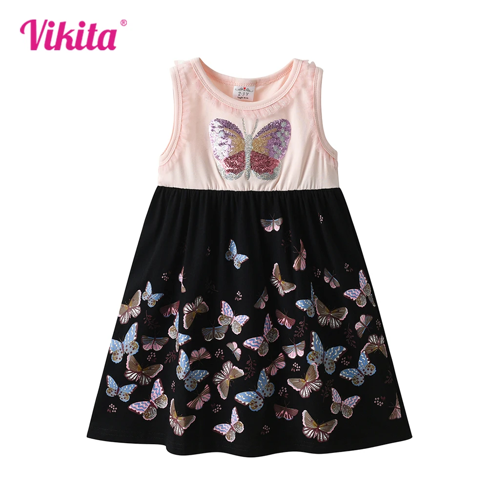 

VIKITA Children Sleeveless Butterfly Dress Summer Kids Dress For Girls Appliques Casual Children Cotton Clothes Carton Dress