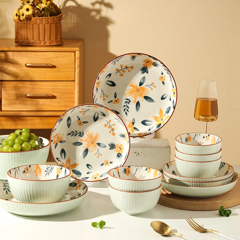 

Керамическая обеденная тарелка JINYOUJIA в японском стиле с волнистыми цветами, десертная тарелка для макаронных изделий, безопасная кухонная тарелка для салата, чаша для супа