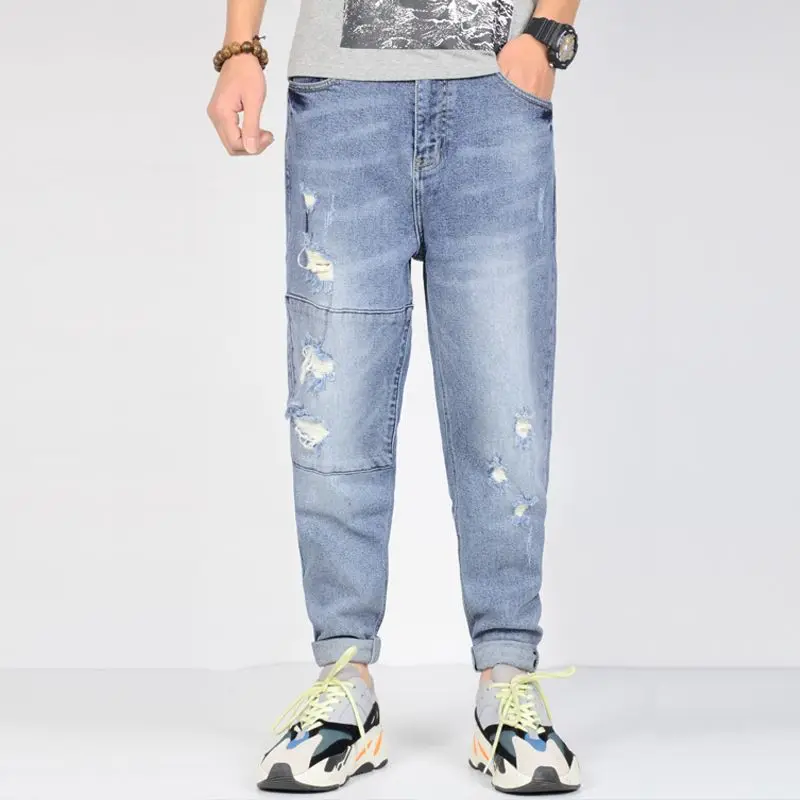 

Ripped Jeans Men Plus Size Stretchy Men's blue Jeans Decoration Joggers Casual Loose Tapered Streetwear