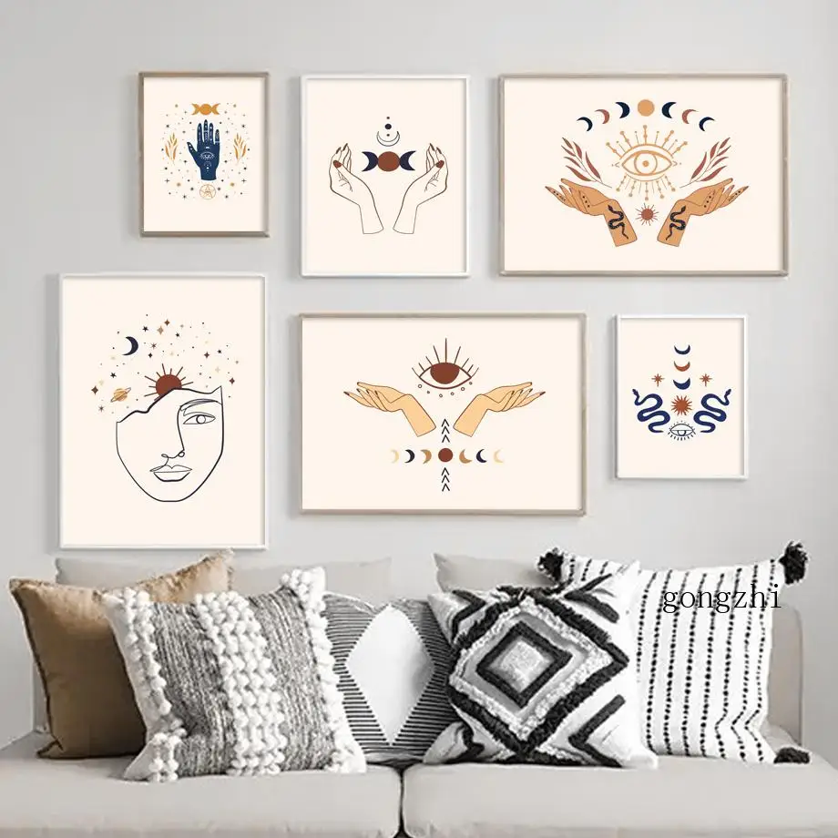 

Abstract Star Moon Sun Hand Eye Snake Girl Face Poster Boho Minimalist Canvas Painting Wall Art Prints Home Decor Living Room