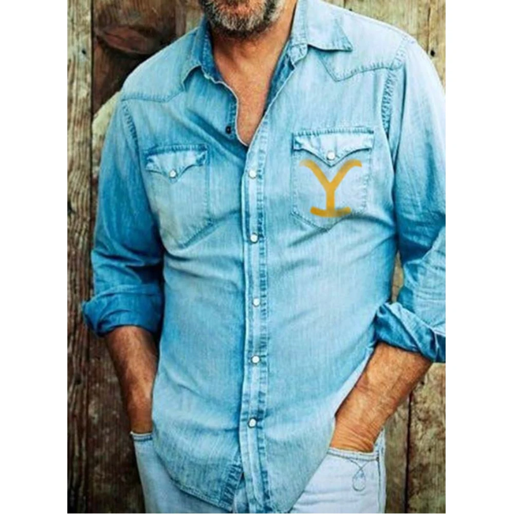 

Мужская джинсовая рубашка с длинным рукавом, из мягкого хлопка