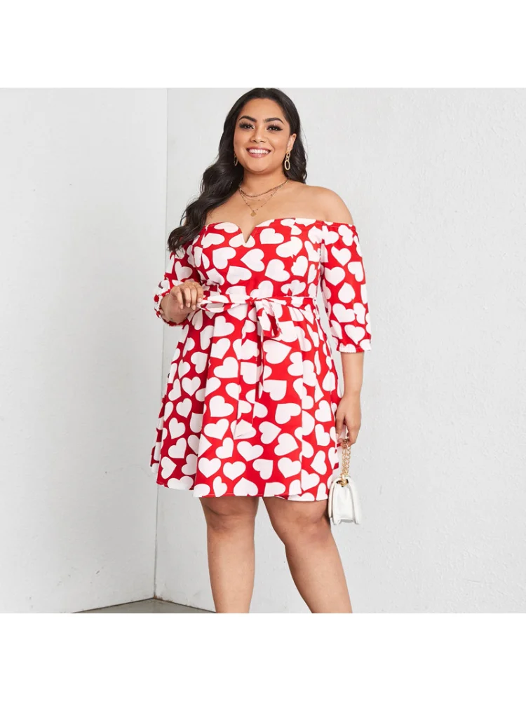 Oversized women's clothing fashion printing off shoulder dresses plus size outfits  party dress