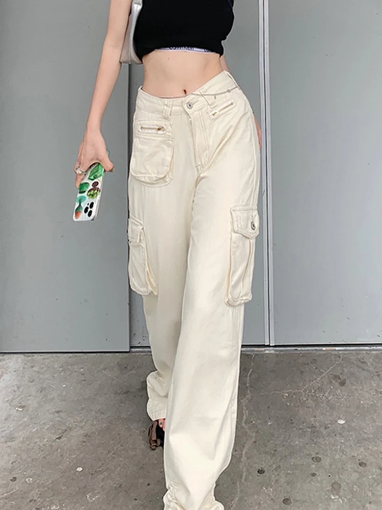 

2022 High Waist Cargo Pants Women Zipper Pocket Drawstring Baggy Straight Denim Trousers Streetwear Vintage Wide Leg Jeans Lady