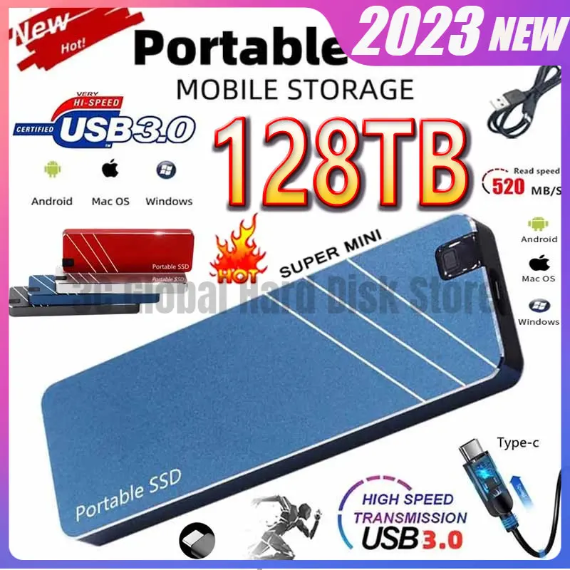 

2023 Portable SSD Type-C/USB3.1 External Mobile Solid State Drive High Speed 2TB 4TB 8TB 16TB 30TB 64TB 128TB Laptop Hard Drive