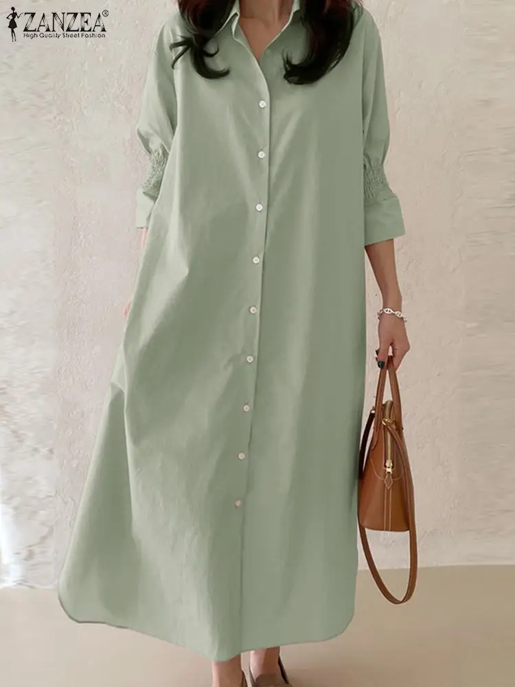 

Коллекция 2023 года, элегантное офисное платье ZANZEA, Осенний сарафан с рукавом 3/4 и воротником с лацканами, женское Повседневное платье-рубашка макси, модные женские платья