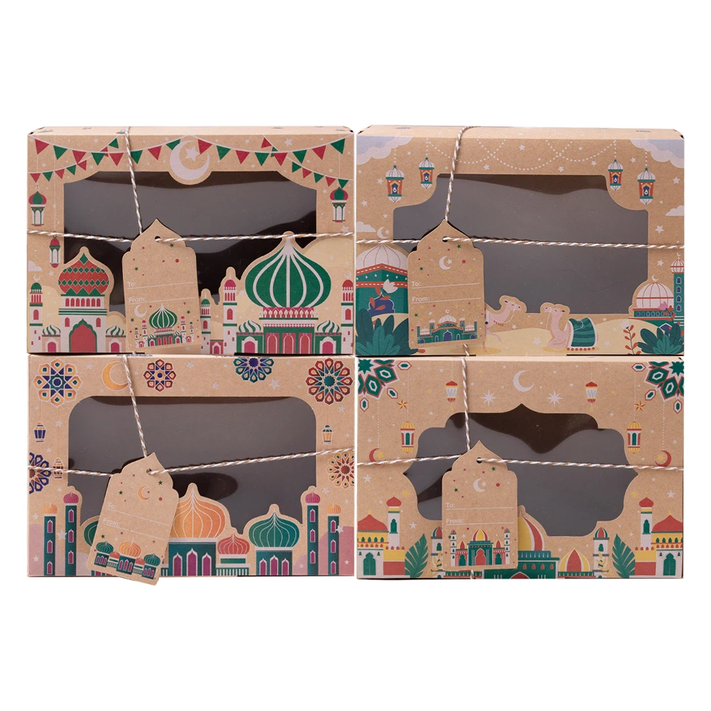 

4 шт. Подарочные коробки из крафт-бумаги Ид с видом на окно Рамадан Мубарак Подарочная упаковка Коробка Рамадан Карим Украшение 2025 Ислам Мусульманский