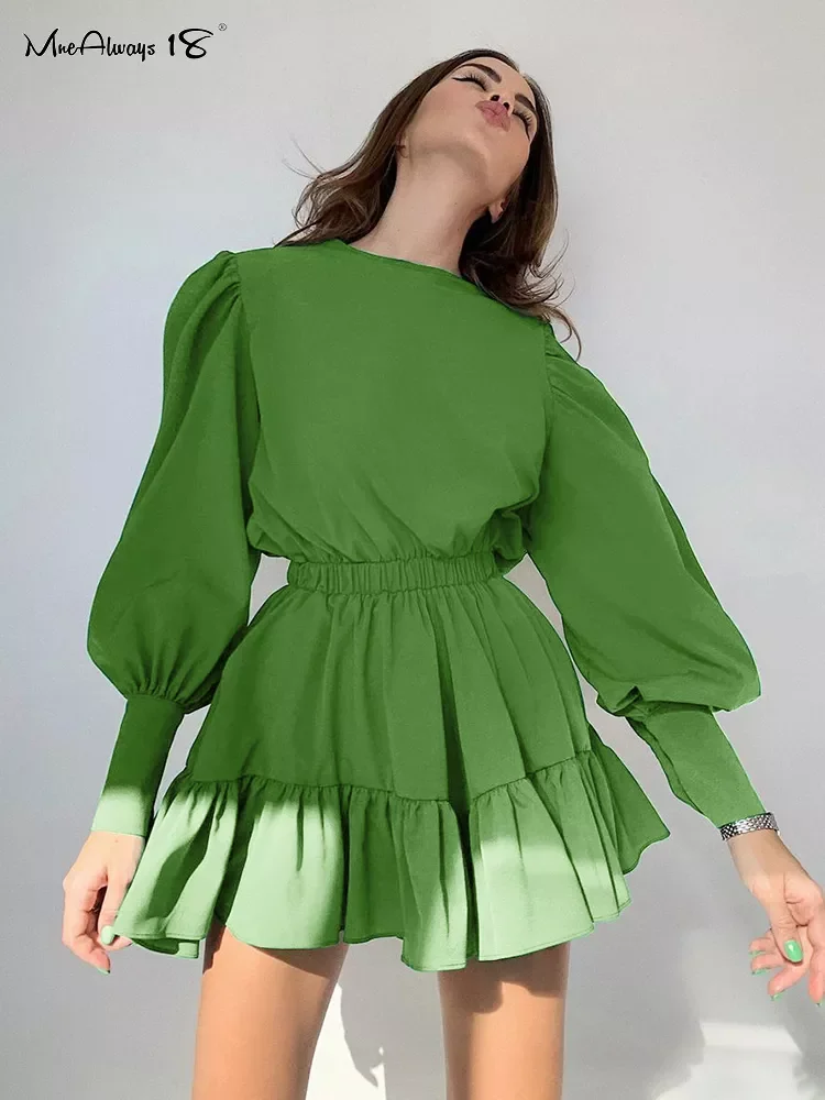 

Mnealways18 Lantern Sleeve Vintage Dress Long Sleeve O-Neck Casual Women Ruffle Dress Short Mini Pleated A-Line Frill Dress Lady
