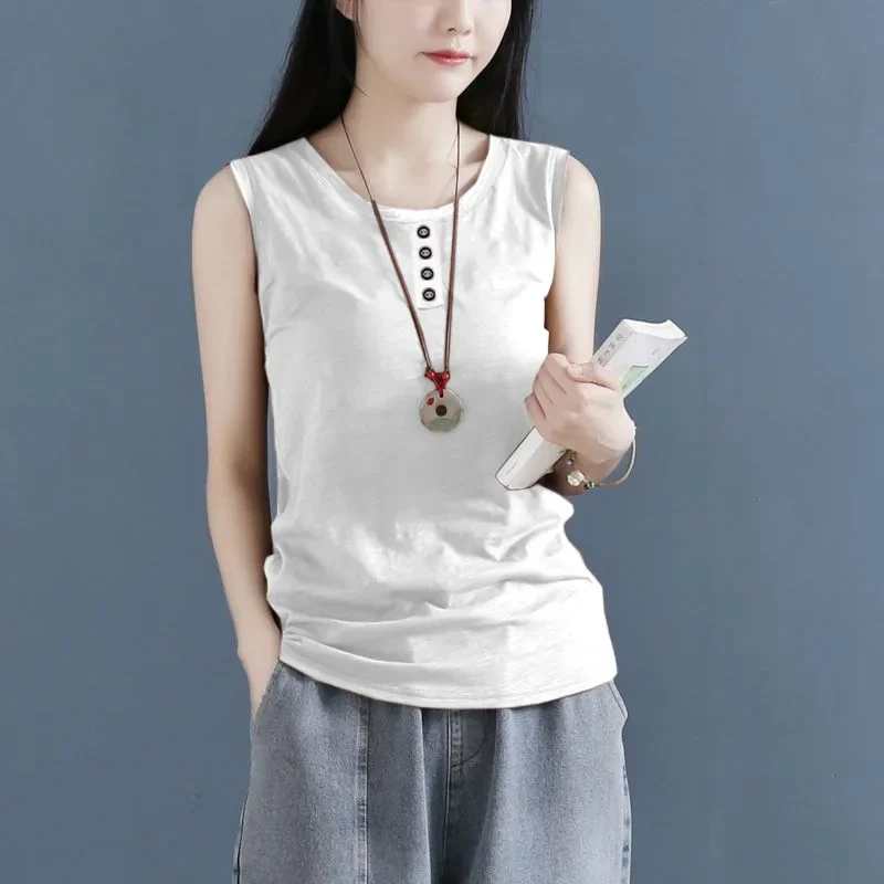 Женская футболка без рукавов Повседневная Свободная Однотонная с круглым