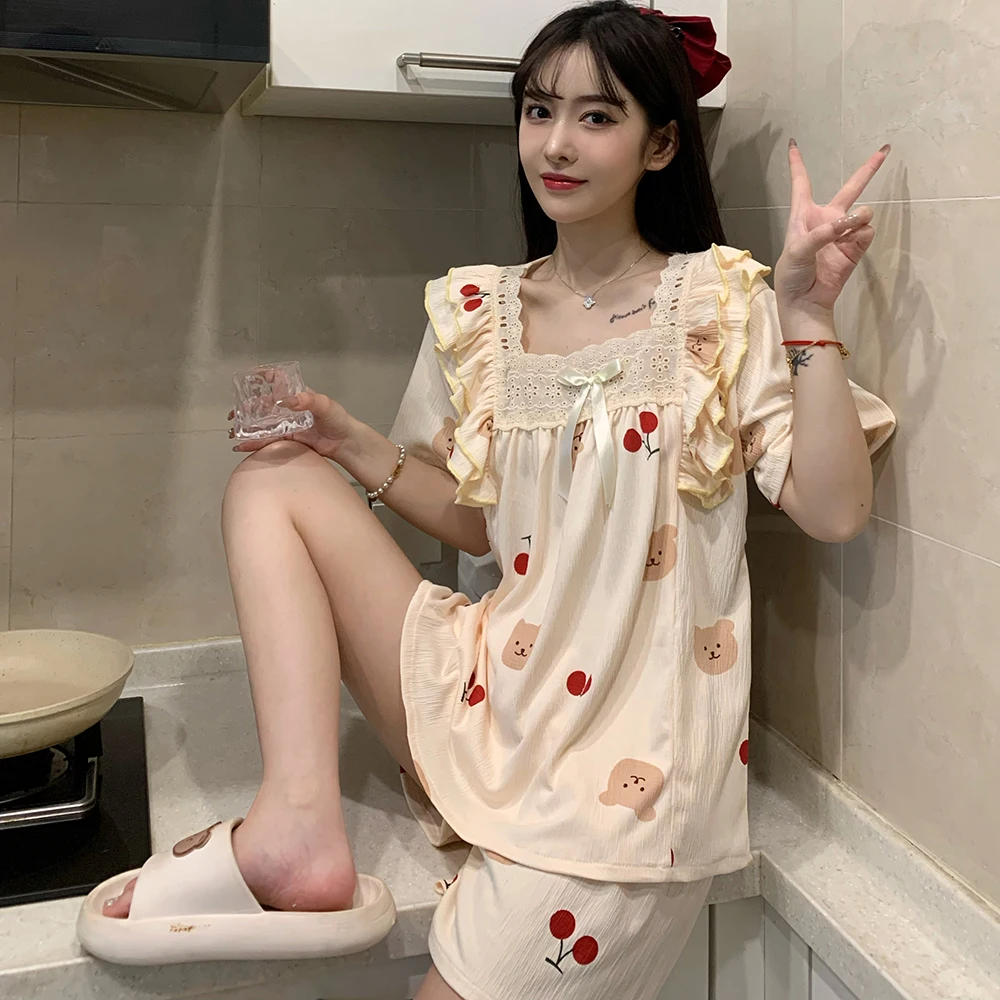 Pure Cotton Summer Women Pajamas Short Sleeve Lace Girl Pyjamas Cute  Ladies Trousers Large 2 Piece Home Clothes Korea Style 6XL