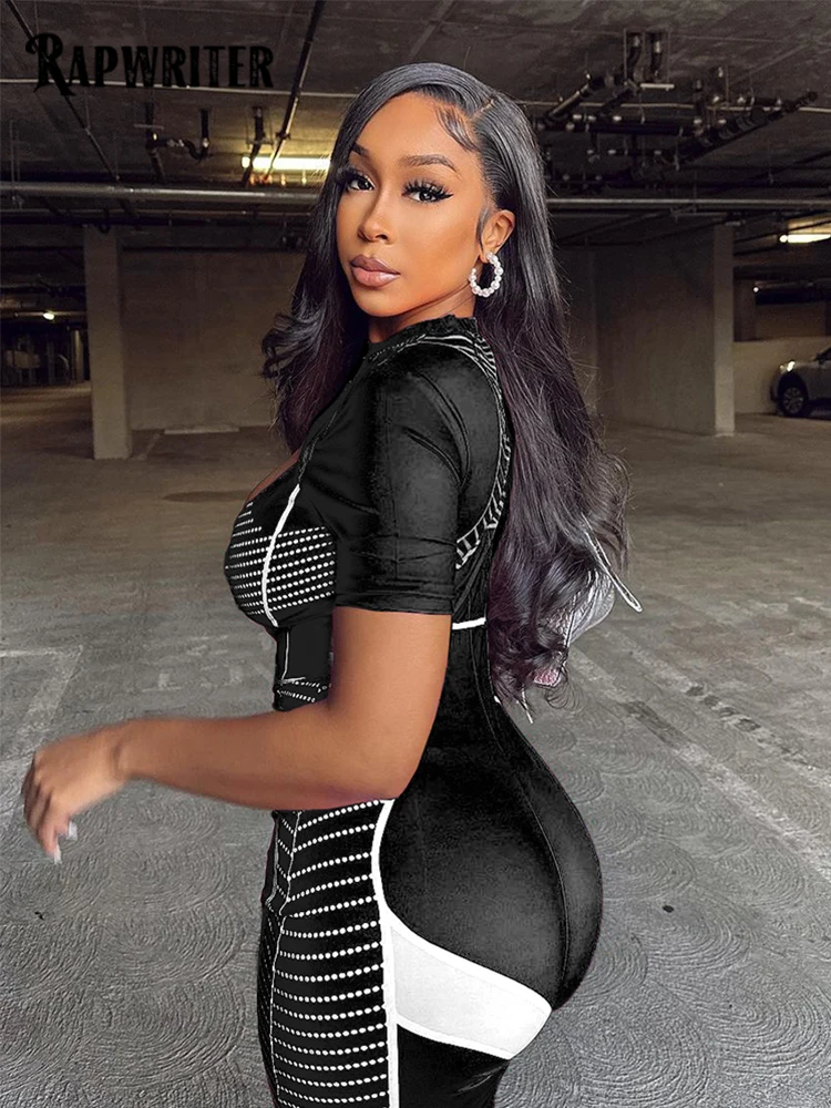 

Rapwriter Contrast Dot Print Short Sleeeve Rompers Woman Moto&Biker Style Bodycon Playsuit Front Cut Out Street Stylish Clothes