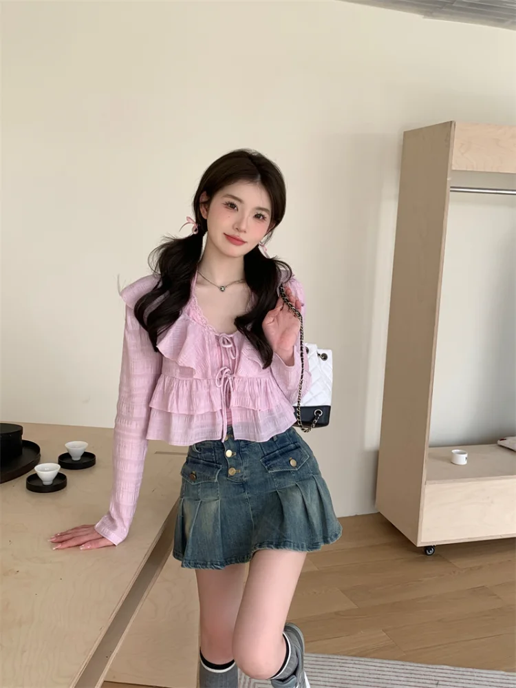 

Korobov Lace Suspender Vest Women Summer Ruffled Edge Blouses Long-sleeved Lace-up Crop Tops Two-piece Set Roupas Femininas