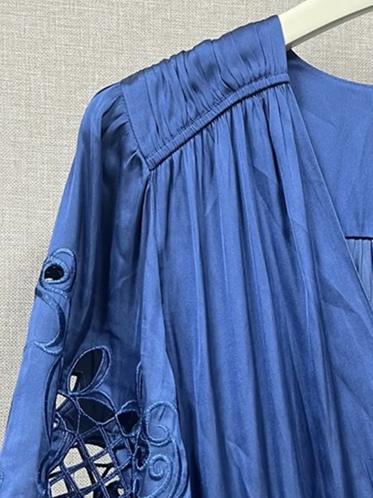 

Women Embroidery Hollow out Mini Robe Satin Pleated V-neck Elastic High Waist Lantern Sleeve 2023 Autumn Lady Temperament Dress