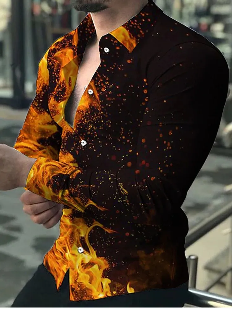 2023 High Quality European American Man Long Sleeve Shirt Casual Flame Printed Single-Breasted Cardigan Clothing Vintage Shirt