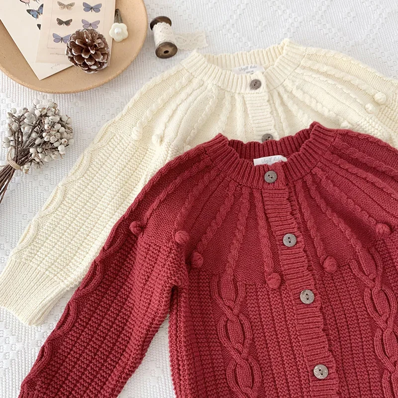 2025 год вязаный кардиган с шариками для маленьких девочек свитера длинными