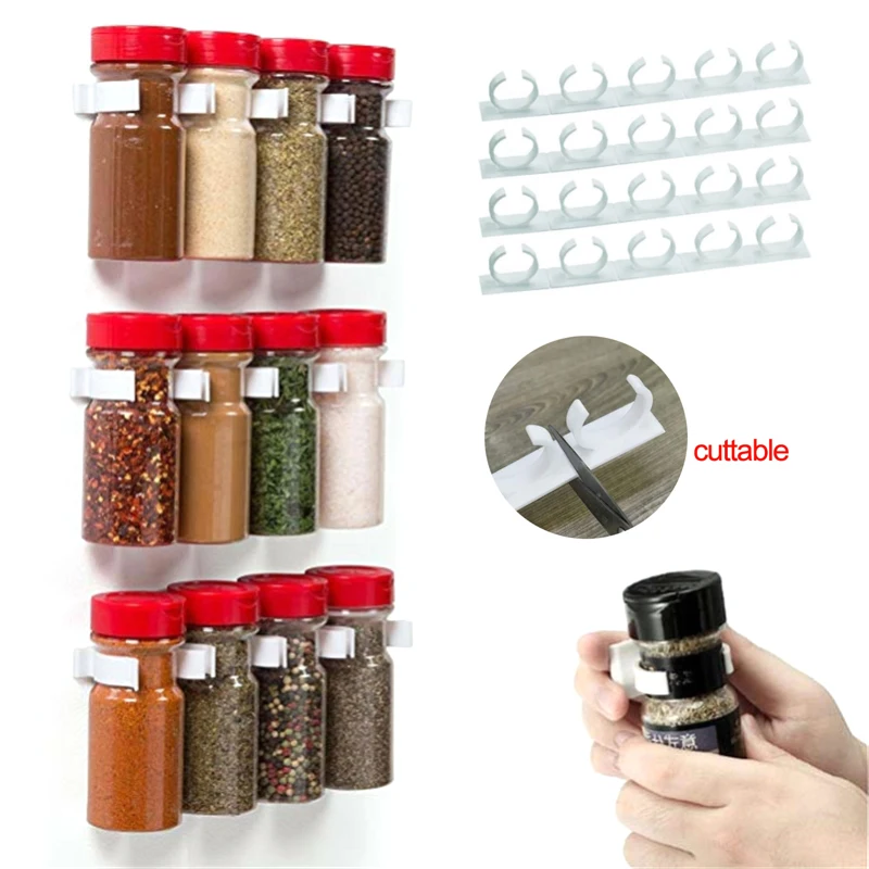 

4pcs Spice Bottle Rack Kitchen Storage Wall Mount Ingredient Plastic Adhesive Clip Cabinet Organizer Door Hooks Jar Holder Tool