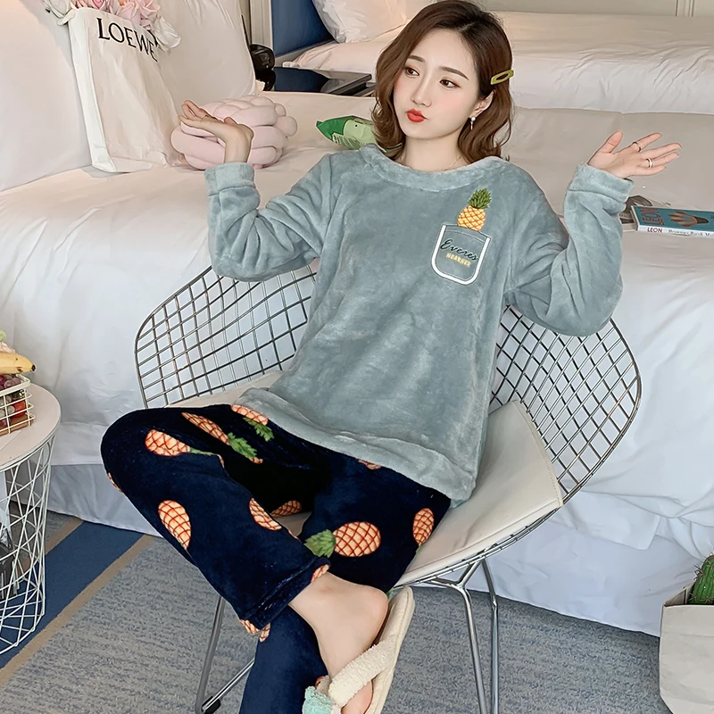New Autumn Winter Warm Flannel Women Pajamas Set Cute Coral Velvet Long Sleeve Cartoon Sleepwear Set Leisure Home Wear Clothes