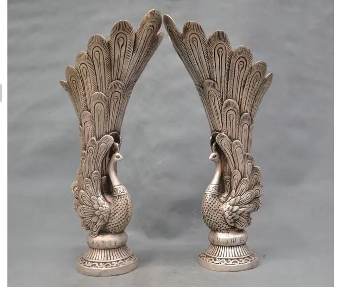 

13'' China Silver Bronze Peacock Vase a pair of Bronze Statue decoration bronze factory outlets
