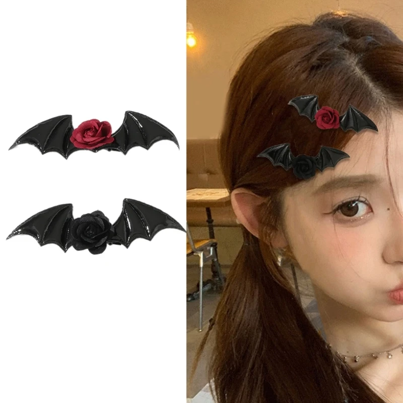 

Punk Headdress Black Halloween Hair Clip Barrettes with Devil Wing Cool Girl Bat Wing Gothic Rose Barrettes