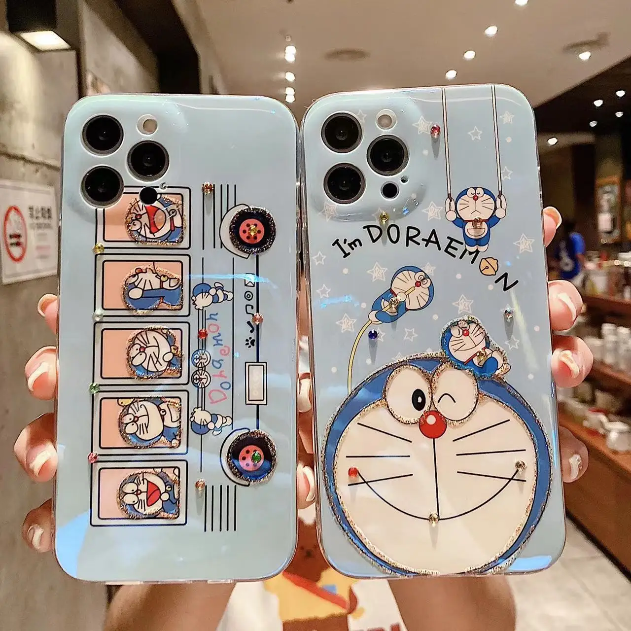 

New Cute Cartoon Doraemon Apple 13 Pro Max 11 12 X XSMAX XR 7 8 SE Mobile Phone Case Blu-ray Diamond-studded Silicone Soft Shell