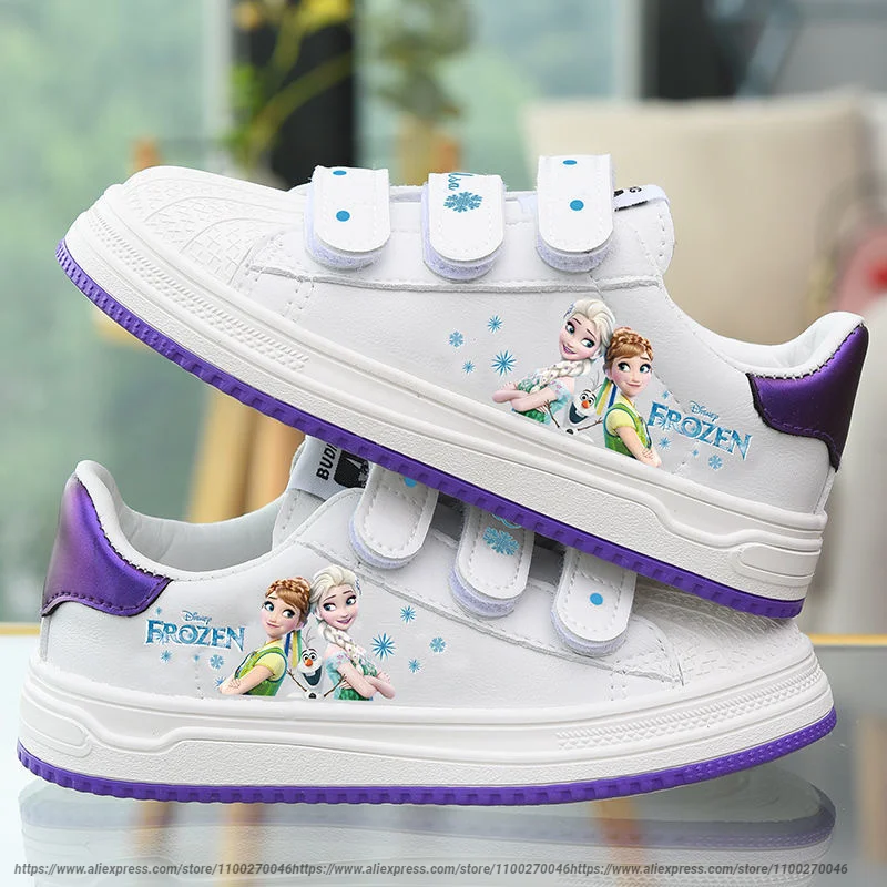Disney-zapatillas de princesa Frozen para niña, zapatos planos con lazo blanco púrpura, antideslizantes, de fondo suave, zapatos deportivos informales para niña, regalo bonito S