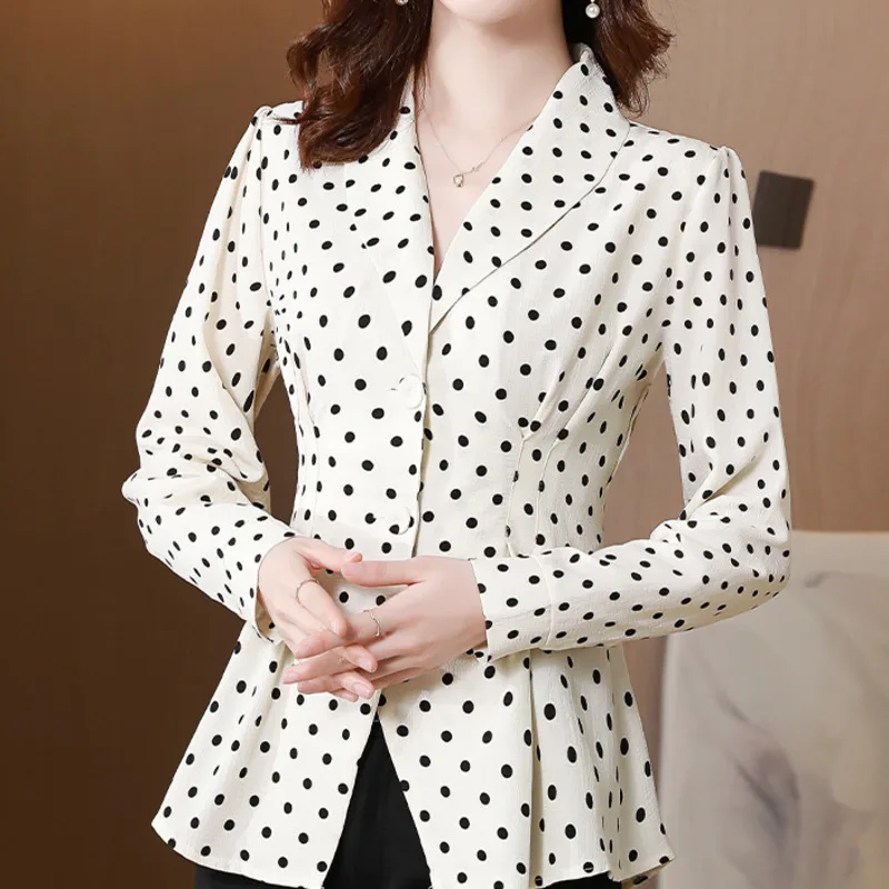 #2567 женские топы в горошек Офисная Женская рубашка на пуговицах приталенная со