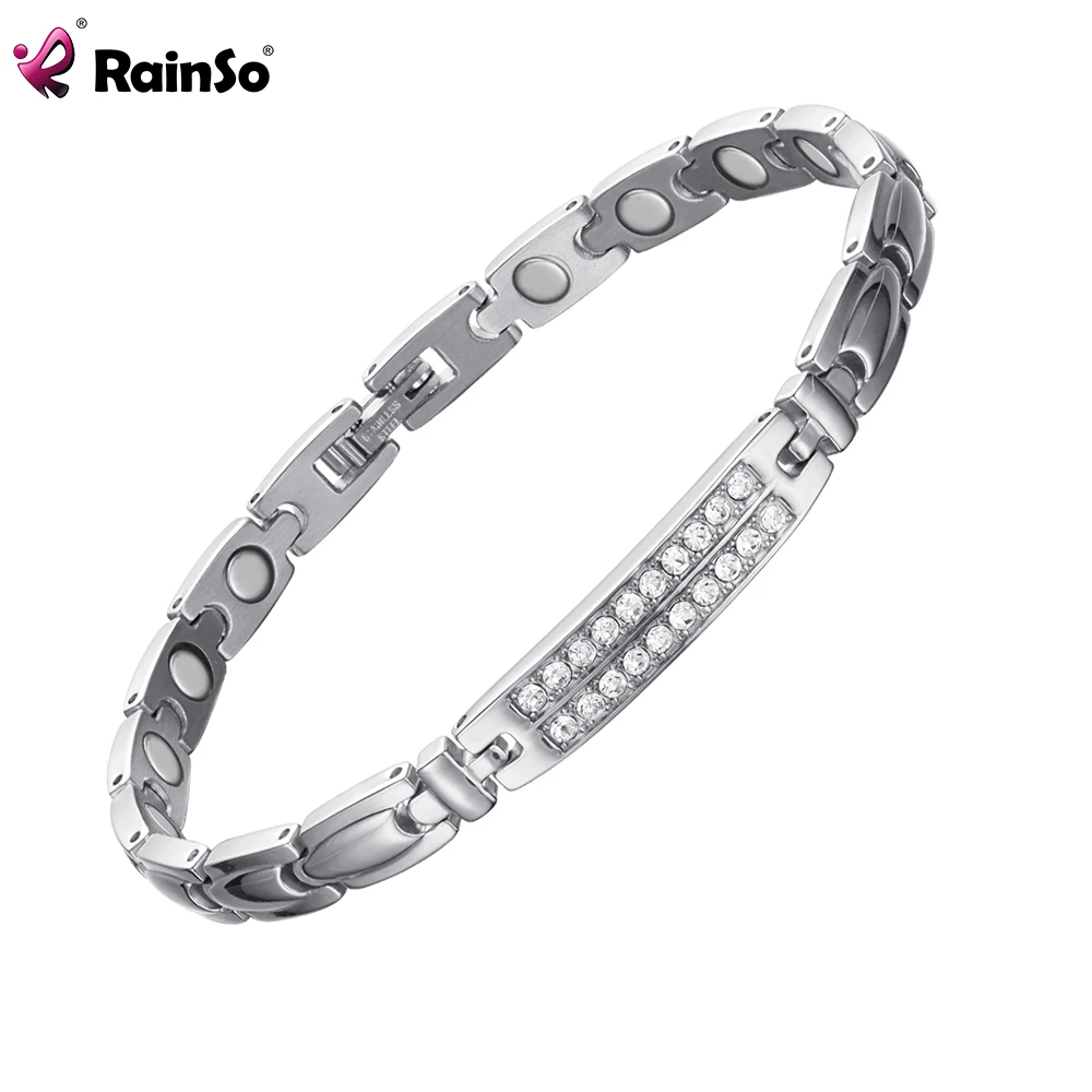 

RainSo Stainless Steel Bracelets For Women Bio Energy Therapy Row Rhinestones Bracelets Charm Health Luxury Health Girls Jewelry