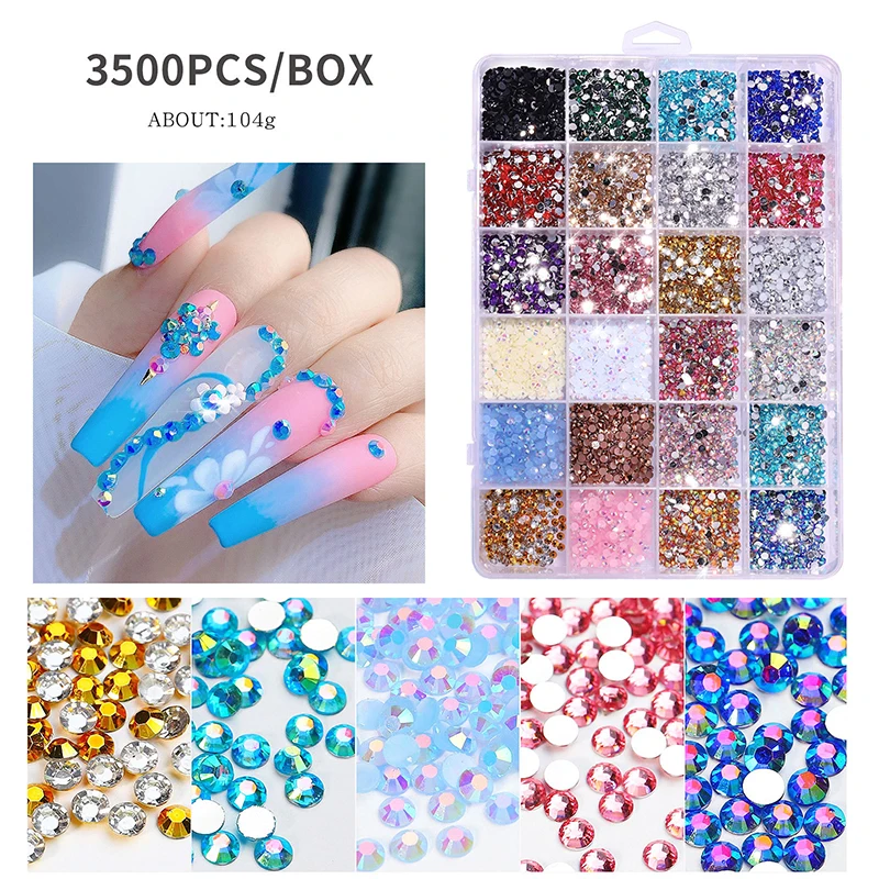 

CHUNSHU 24 Grids Nail Art Rhinestones Diamond Crystal AB Gem Multi-Color Flat Bottom 3D Nail Art Decoration DIY Manicure 3500pcs