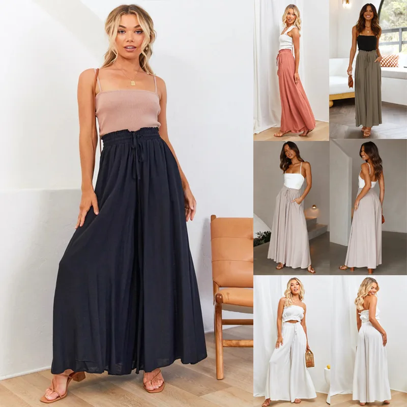 

Summer Women's Wide-leg Trousers New Solid Color Elastic Belt Wide-leg High Waist Long Pants Women Vintage Streetwear