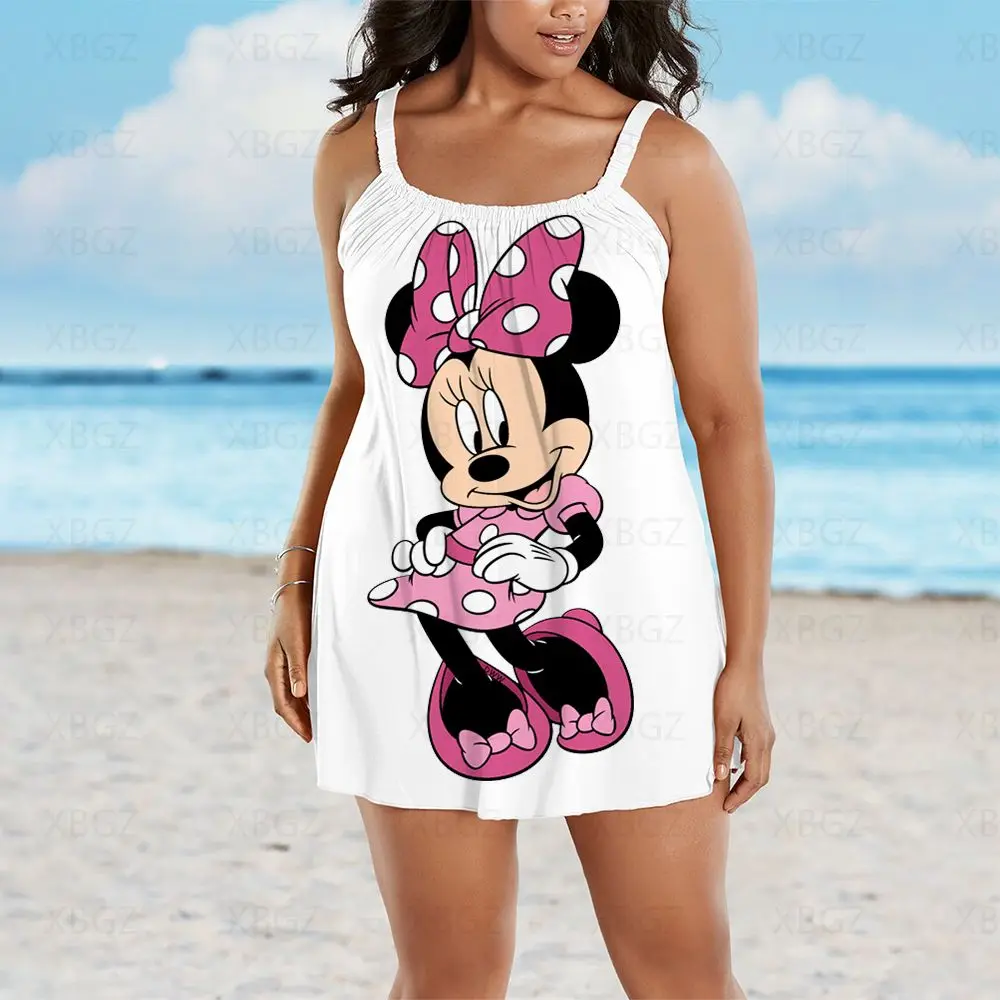 Disney Plus Size Summer Outfits Dresses Woman 2022 Minnie Mouse Women's Free Shipping Sexy Print Sleeveless Cartoon Beach Dress