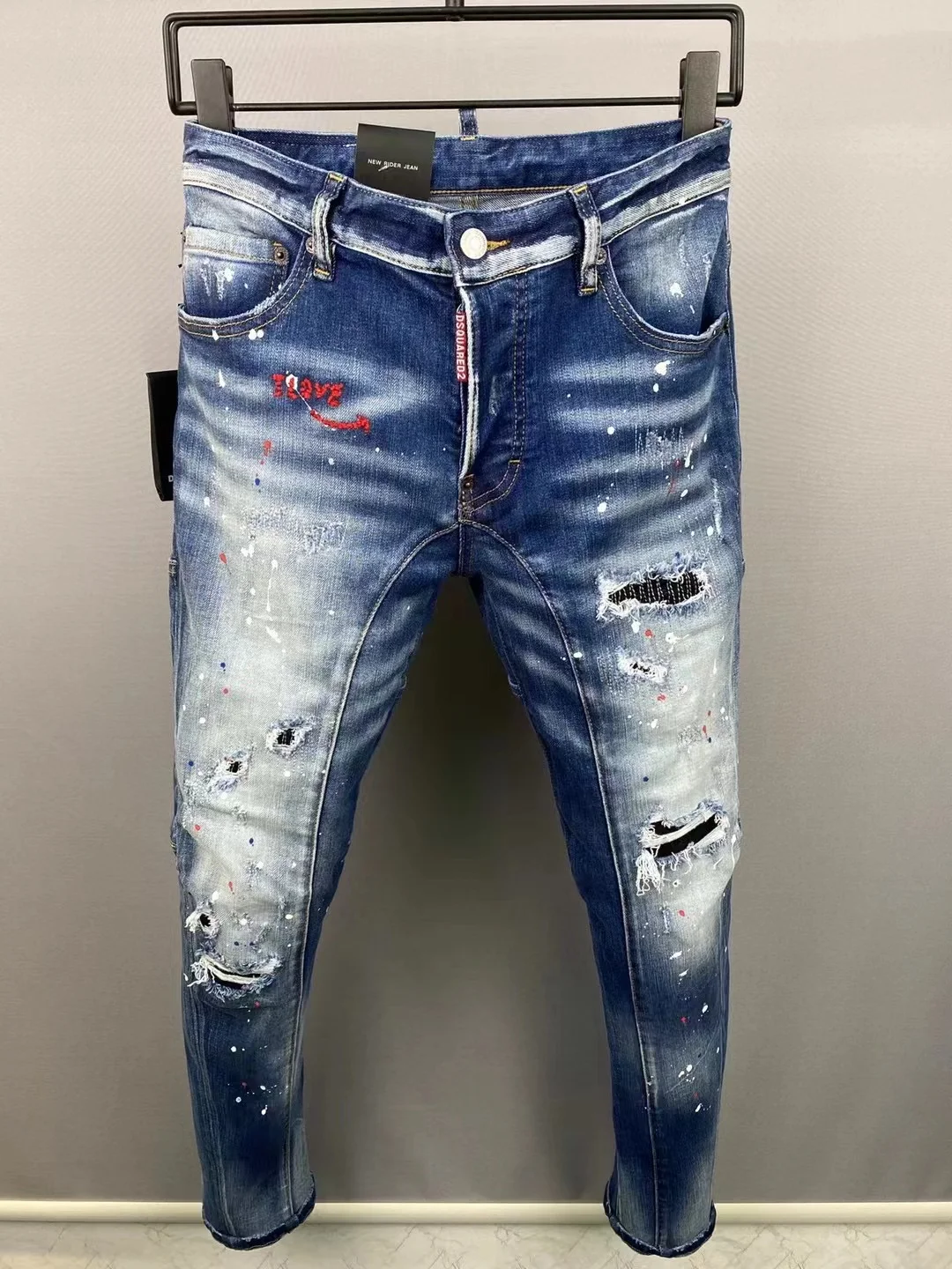 

D2 Couples Vintage Ripped Jeans Dsquared2 Embroidered Splatter Print Decorated Jeans Boyfriend Gift Distressed Streetwear A518