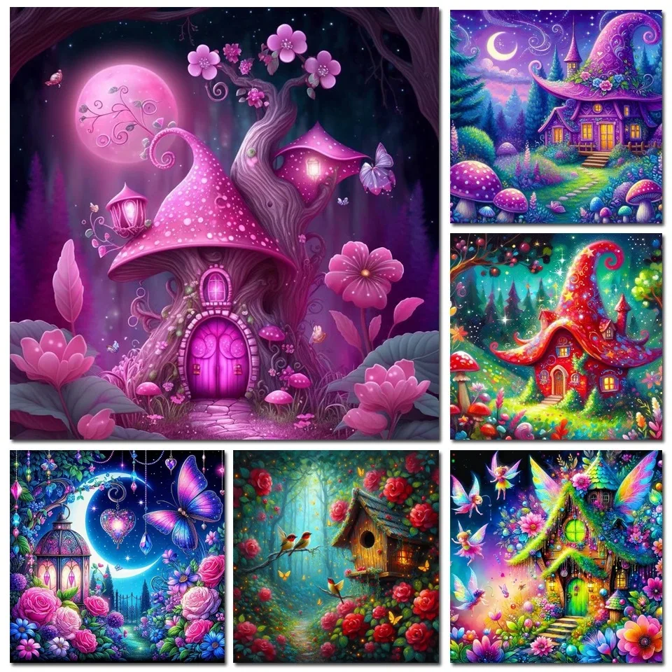 Фото 5D DIY Jewels Diamond Painting Mosaic Elf House Full Drills Diamond Embroidery Beautiful Mushroom Castle Landscape Pictures №3