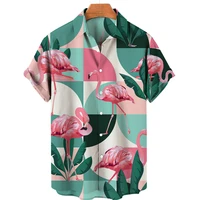 casual mens shirts pink crane print hawaiian shirts lapel short sleeve shirts travel vacation clothing oversized eu size camisa