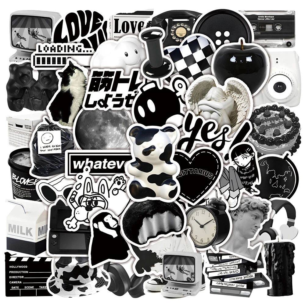 

Простые Мультяшные черные и белые наклейки в стиле INS, 10/30/50 шт., «сделай сам», чемодан, холодильник, телефон, ноутбук, гитара, автомобиль, граффити, Крутое искусство