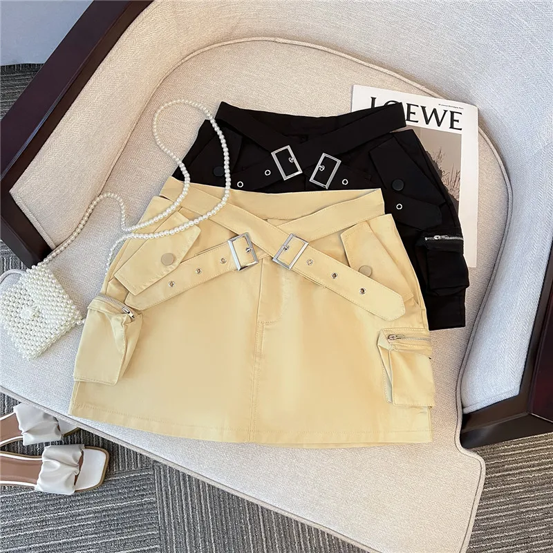 

Women's Multi Pocket Design Short Skirt Summer New Street Style Sexy Female High Waist Wrapped Hip Cargo Mini Skirt