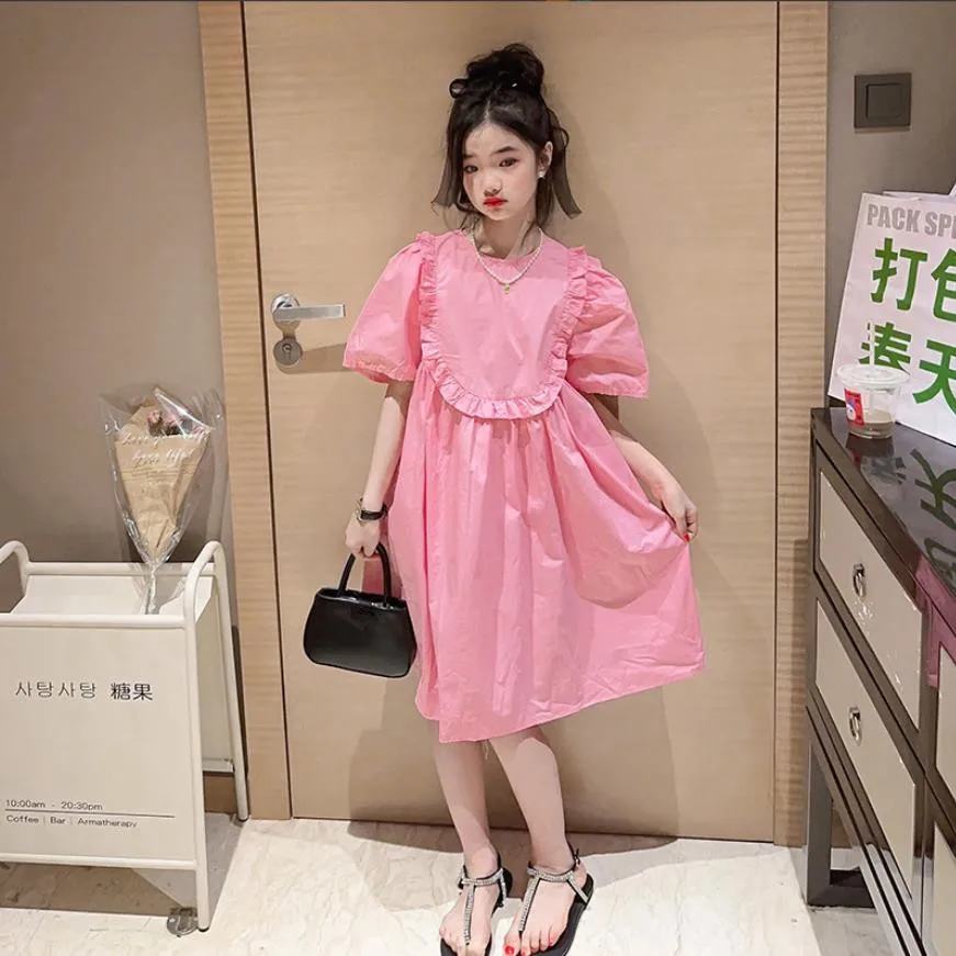 

Sumemer New Girl Pink Dress Teenage Short Sleeve Ruffles Princess Dress Kids Casual Style Dress Children Holiday Dress Wz