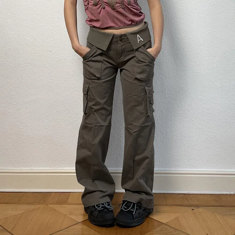 

Letter Embroidery Cargo Jeans Bronw Vintage Low Waisted Sweatpants Teachwear Women Vintage Fashion Mom Jeans Harajuku