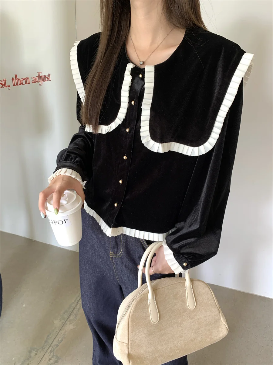 Черно-белые контрастные цвета темно-синие бархатные рубашки с лацканами женские