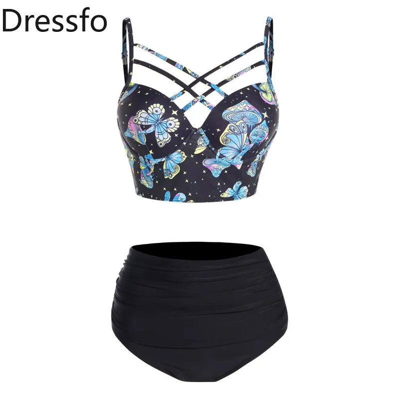 

Dressfo Butterfly Mushroom Print Tankini Bikinis Swimsuit Lattice Strap Tummy Control Swimwear Ruched Underwire Bathing Suit